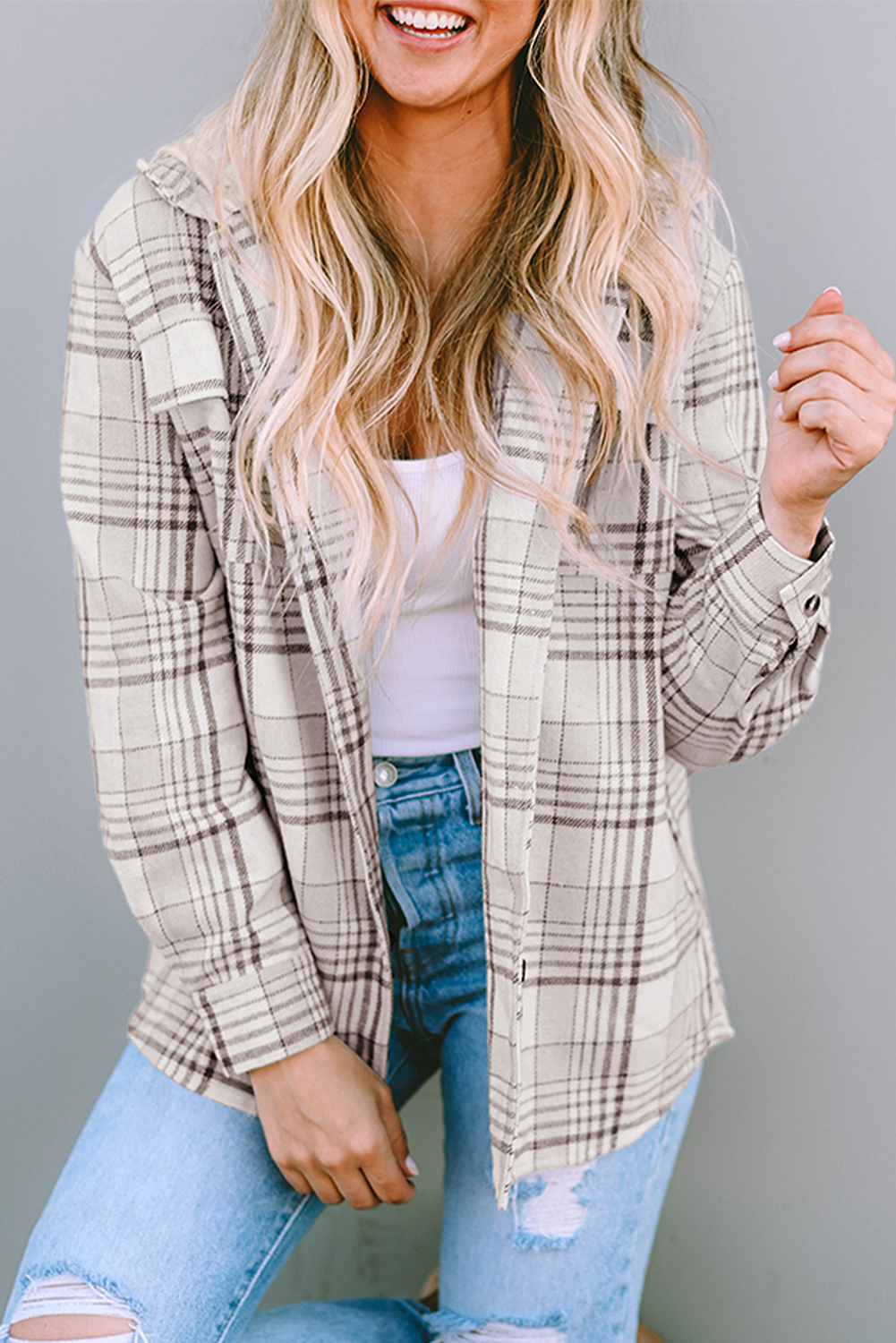 Plaid Removable Hood Buttoned Shacket | Khaki