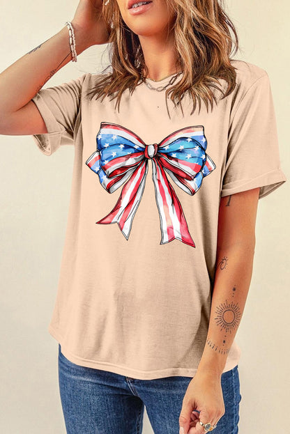 American Flag Bow Knot Print Round Neck T Shirt | Khaki