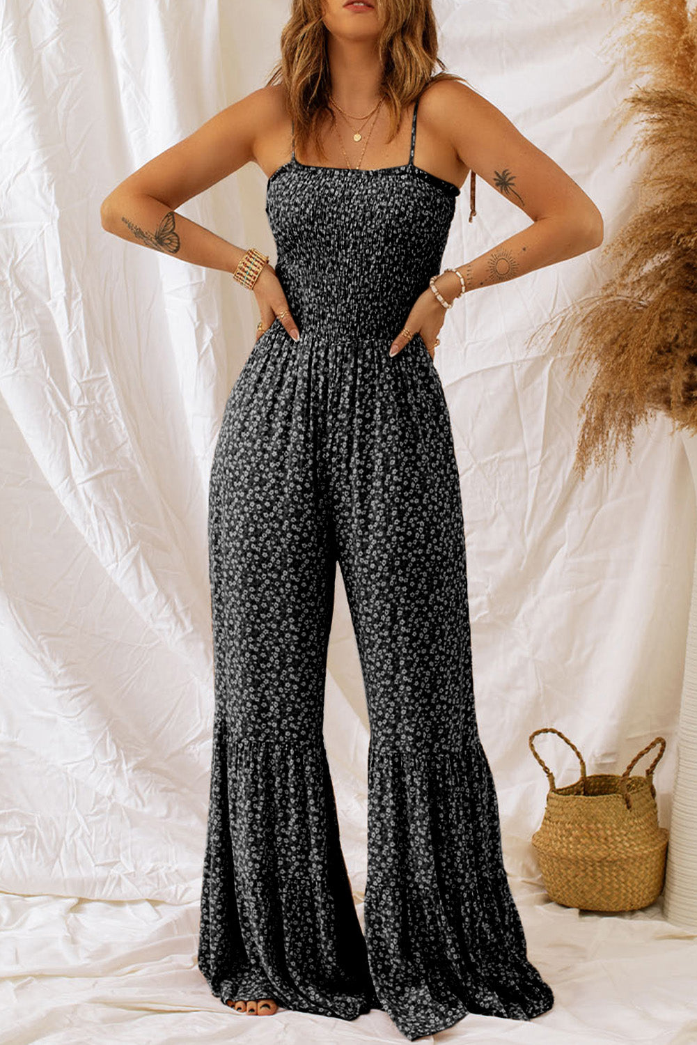 Thin Straps Smocked Bodice Wide Leg Floral Jumpsuit | Black