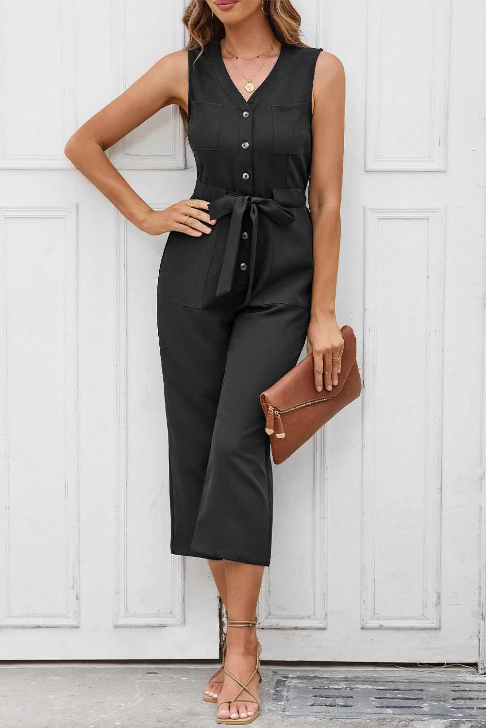 Buttoned Sleeveless Cropped Jumpsuit With Sash | Black