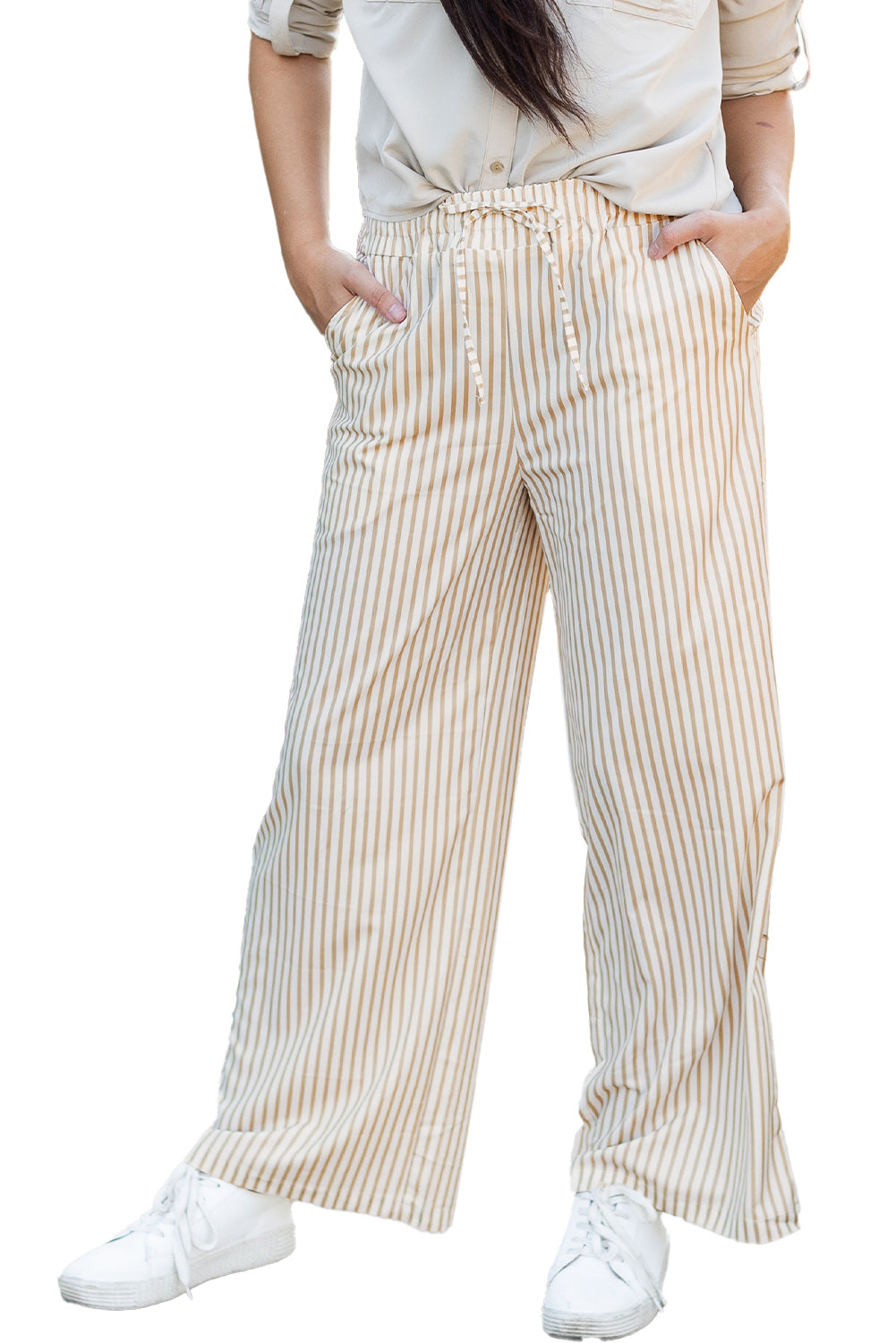 Print Wide Leg Drawstring Pants | Khaki Stripe