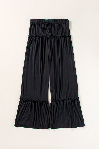 Frilled Drawstring High Waist Wide Leg Pants | Black