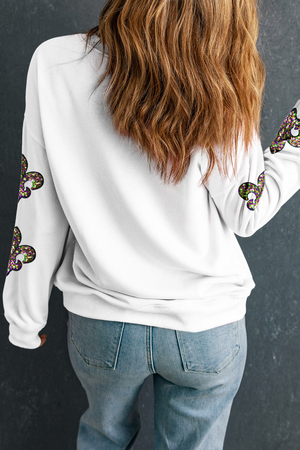 Sequined Fleur De Lis Drop Shoulder Sweatshirt | White