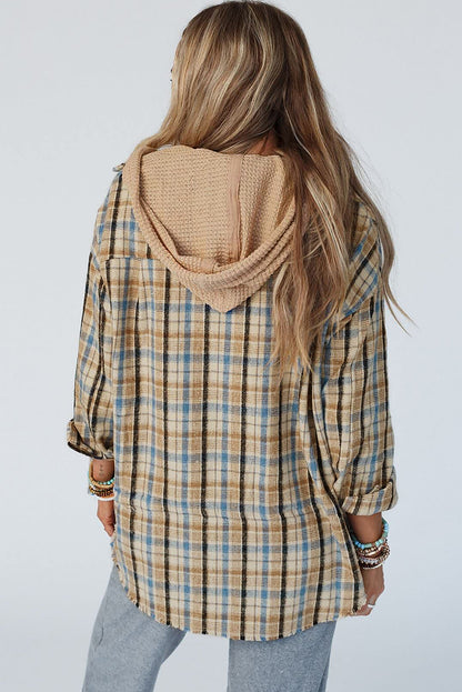 Waffle Knit Patchwork Hooded Plaid Shacket | Ashleigh Blue