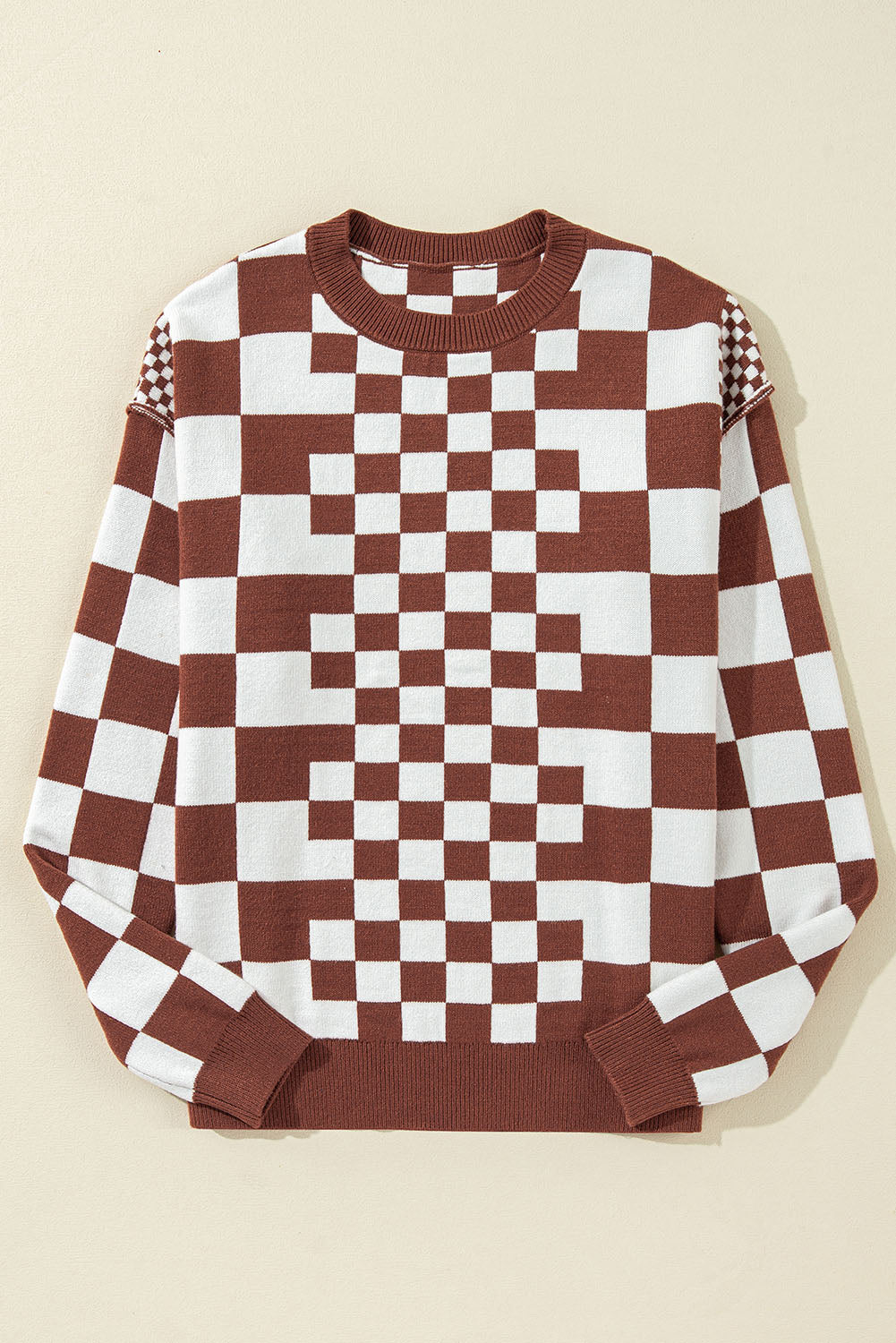 Checkered Print Drop Shoulder Round Neck Sweater | Brown