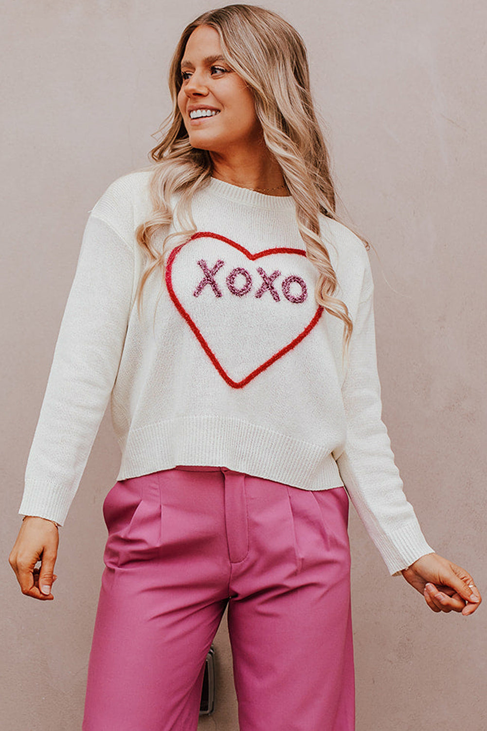 Heart Xoxo Pattern Drop Shoulder Rib Knit Sweater | White