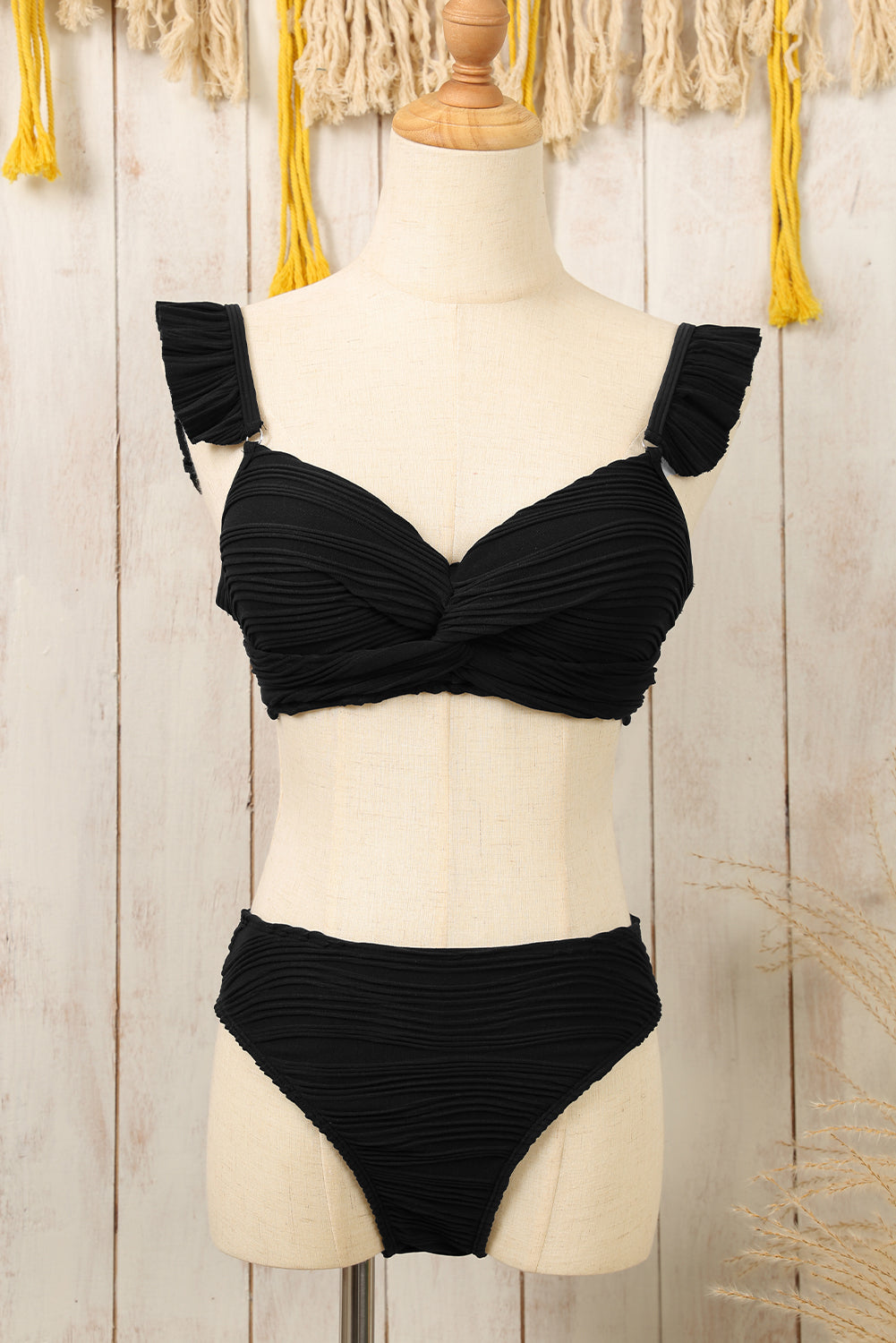 Wavy Textured Ruffled Straps Twist Bikini Swimsuit | Black