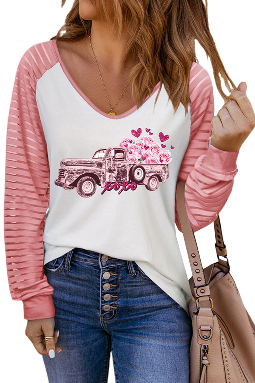 Valentines Flower Car Graphic Striped Long Sleeve Top | Pink