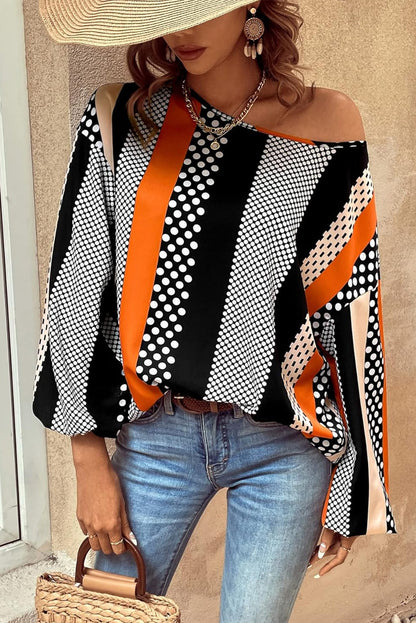 Polka Dot Vertical Striped Printed Puff Sleeve Blouse | Orange