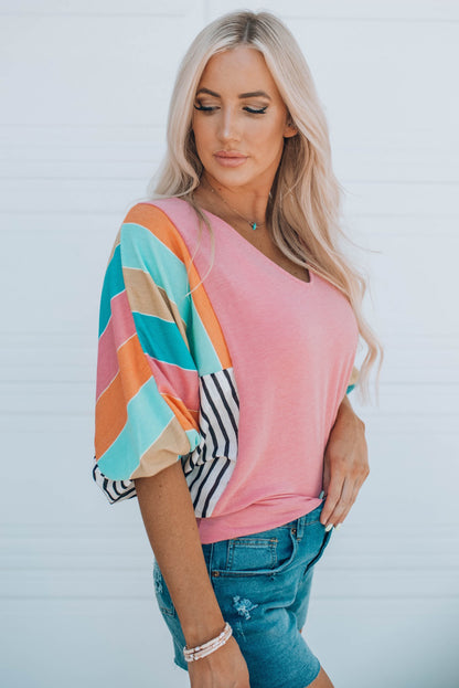 Stripe Colour Block Bubble Sleeve Top | Pink