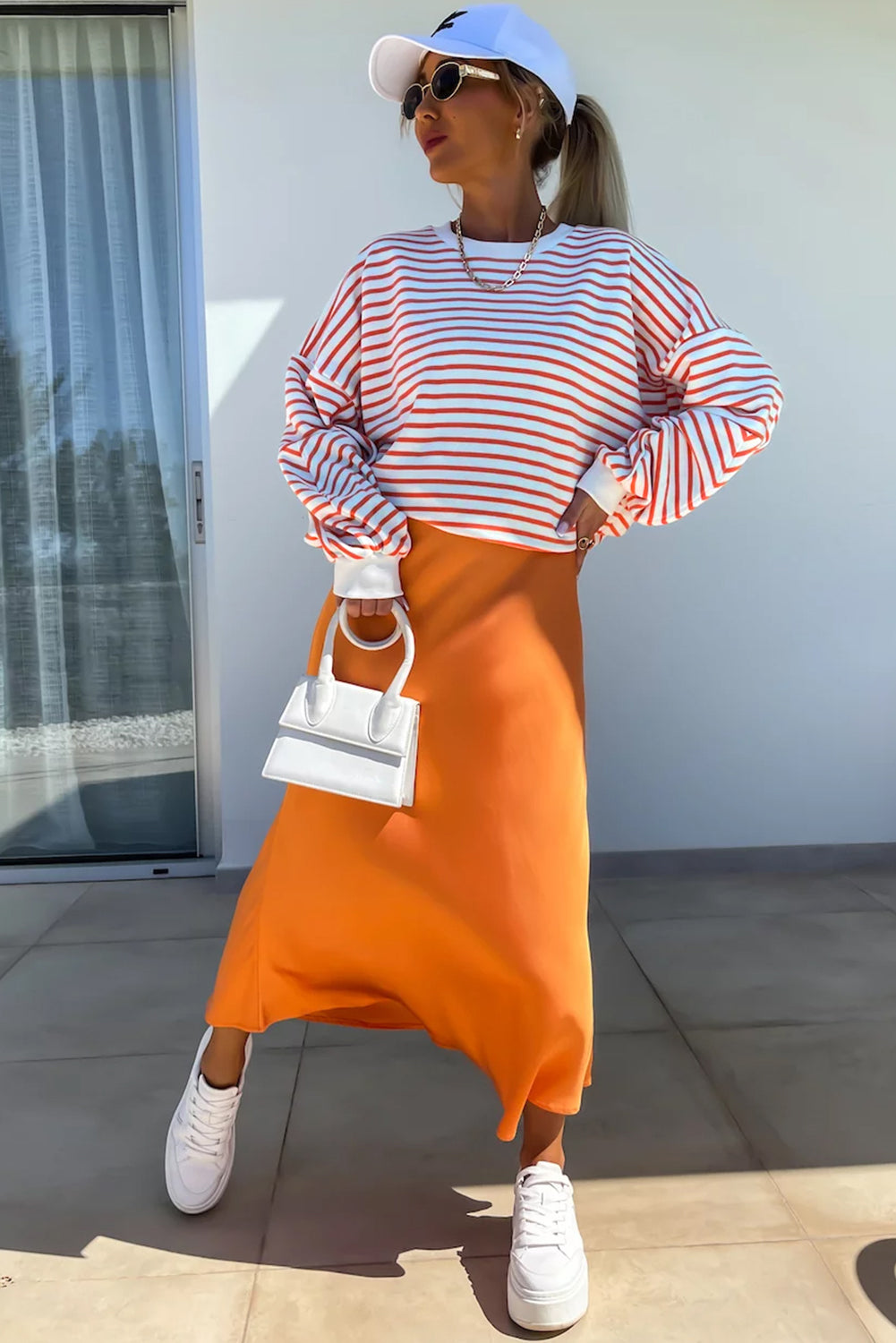 Drop Shoulder Crew Neck Loose Sweatshirt | Orange Stripe