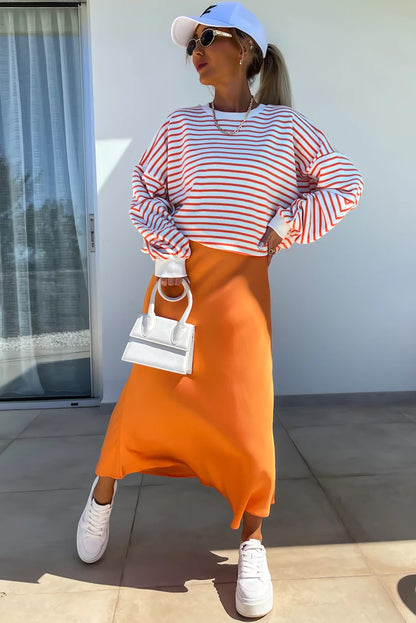 Drop Shoulder Crew Neck Loose Sweatshirt | Orange Stripe