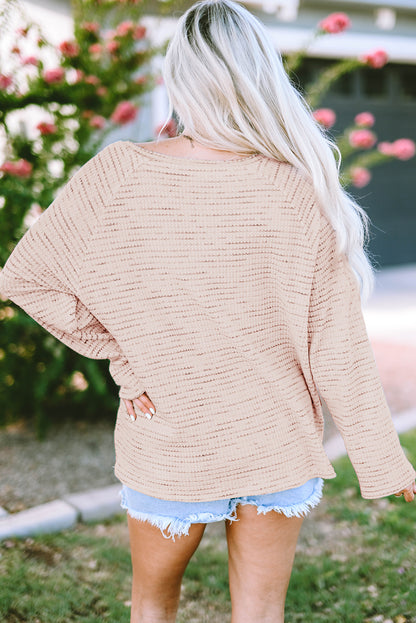 Waffled Knit Long Sleeve V-Neck Frayed Top | Pink