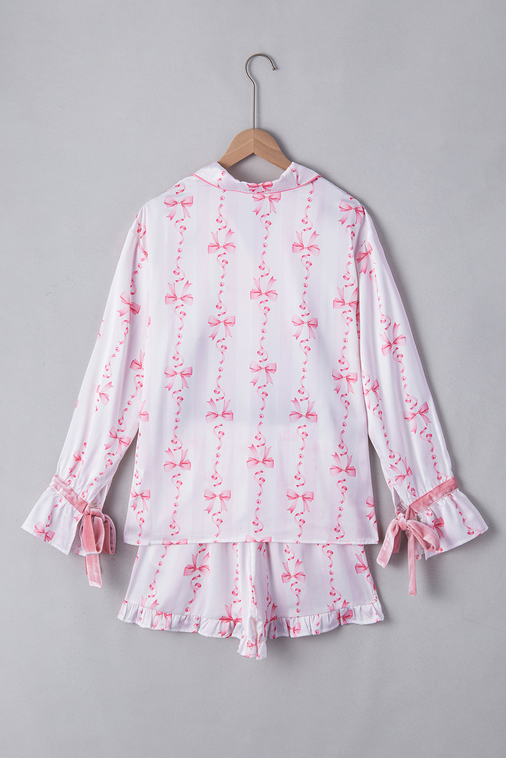 Satin Bow Bell Sleeve Shirt And Ruffled Shorts Pajama Set | Pink