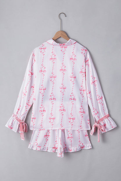 Satin Bow Bell Sleeve Shirt And Ruffled Shorts Pajama Set | Pink