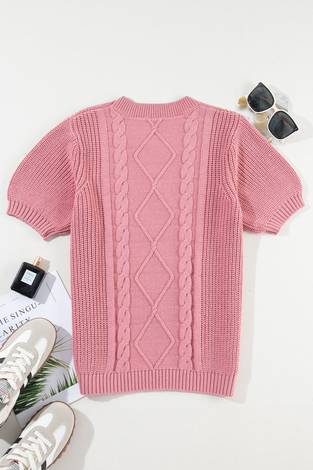 Cable Knit Mixed Textured Short Sleeve Sweater | Pink