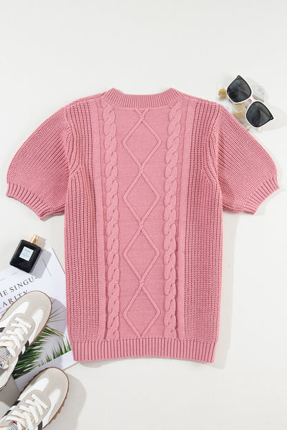 Cable Knit Mixed Textured Short Sleeve Sweater | Pink