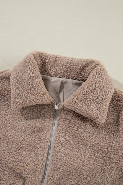 Zipper Pocketed Winter Fuzzy Jacket | Light French Beige