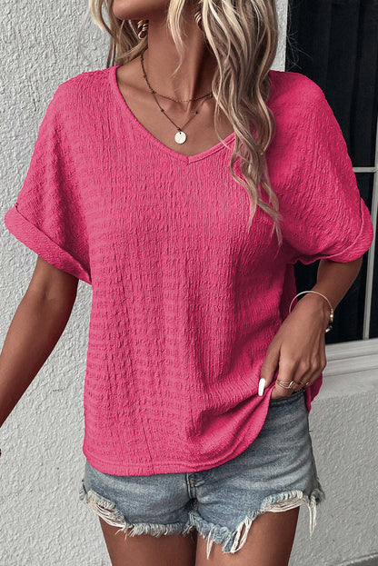 Textured Rolled Sleeve V Neck Tee | Bright Pink