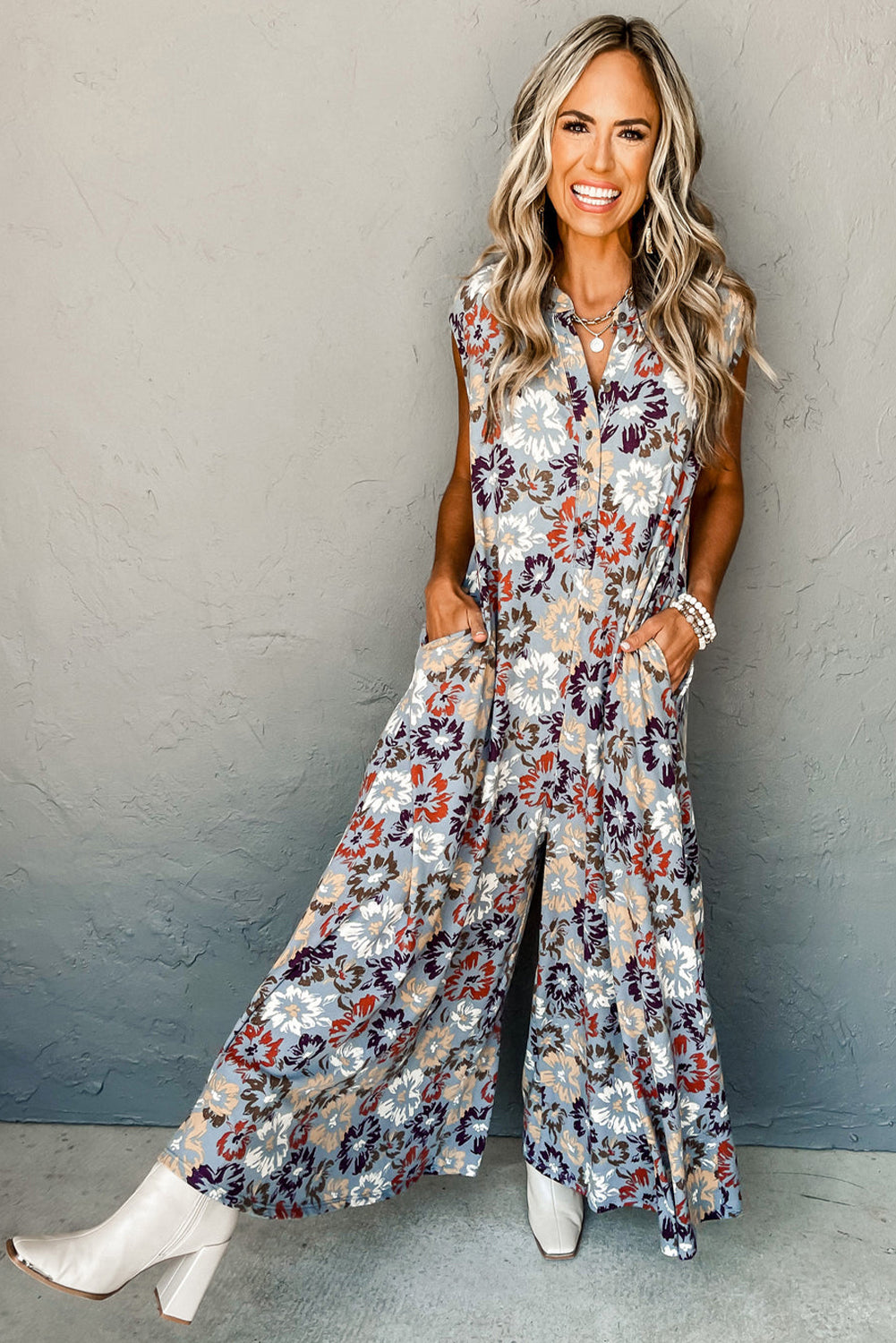 Floral Sleeveless Buttoned Pocketed Wide Leg Jumpsuit | Sky Blue