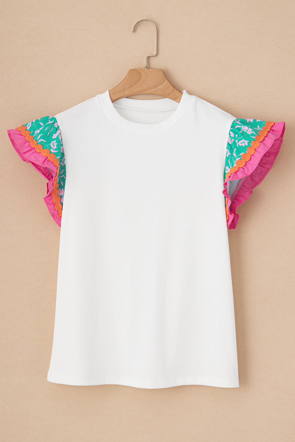 Contrast Ricrac Floral Sleeve Top | White