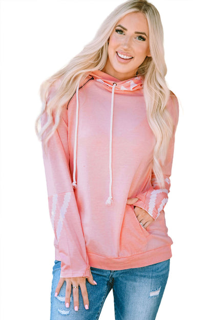 Aztec Print Patchwork Thumb Hole Hoodie | Pink