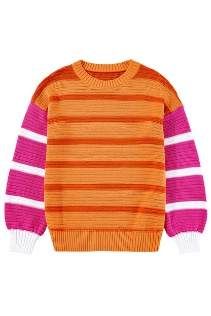 Colourblock Crew Neck Drop Shoulder Loose Sweater | Orange Stripe