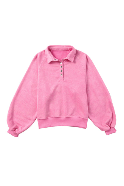 Washed Snap Buttons Lantern Sleeve Pullover Sweatshirt | Pink