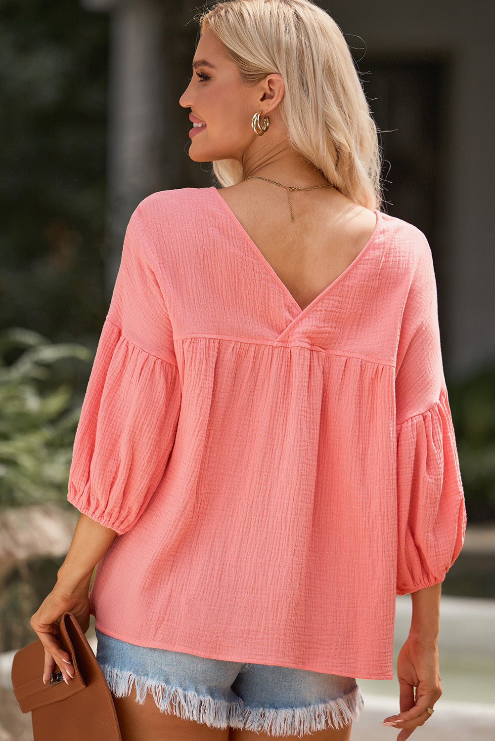 Textured V Neck Bracelet Sleeve Babydoll Blouse | Pink