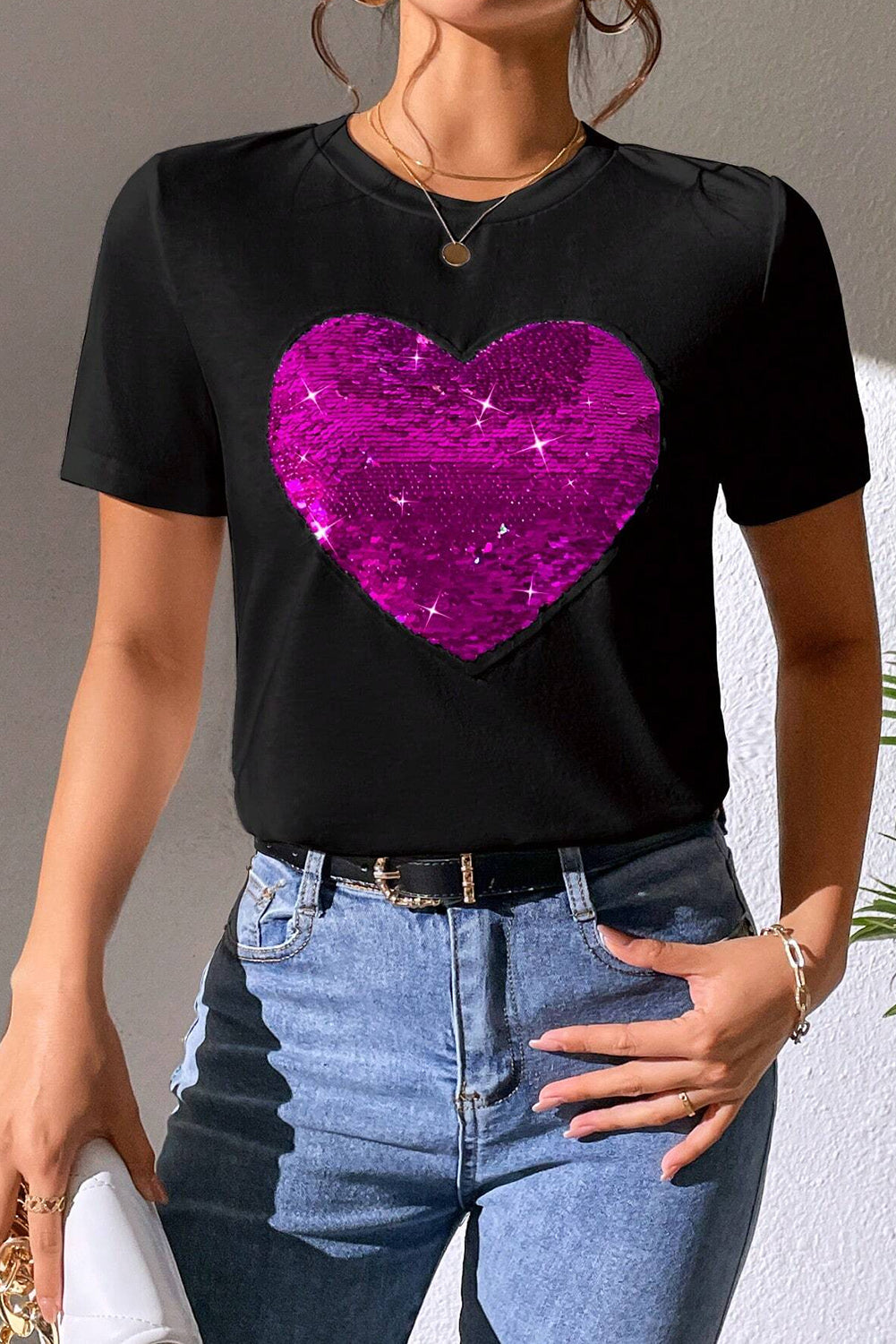 Valentine Two Tone Sequined Heart Shaped Graphic T Shirt | Black