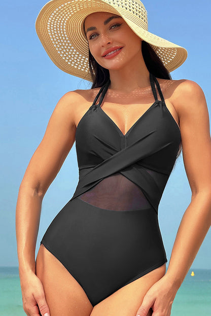 Halter Mesh Insert Cross Front One-Piece Swimsuit | Black