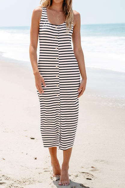 d Print Sleeveless Buttoned Maxi Dress | White Stripe