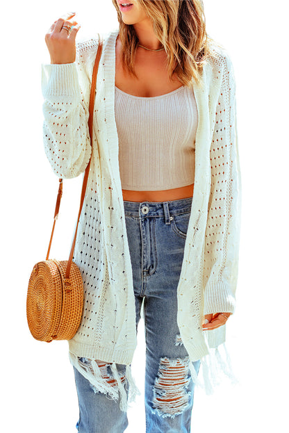 Tasseled Hollow-Out Cable Knit Cardigan | Beige