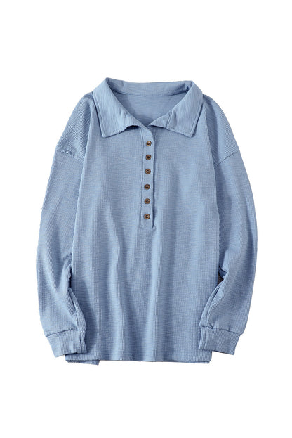 Button Front Turn-Down Neck Knit Top | Sky Blue