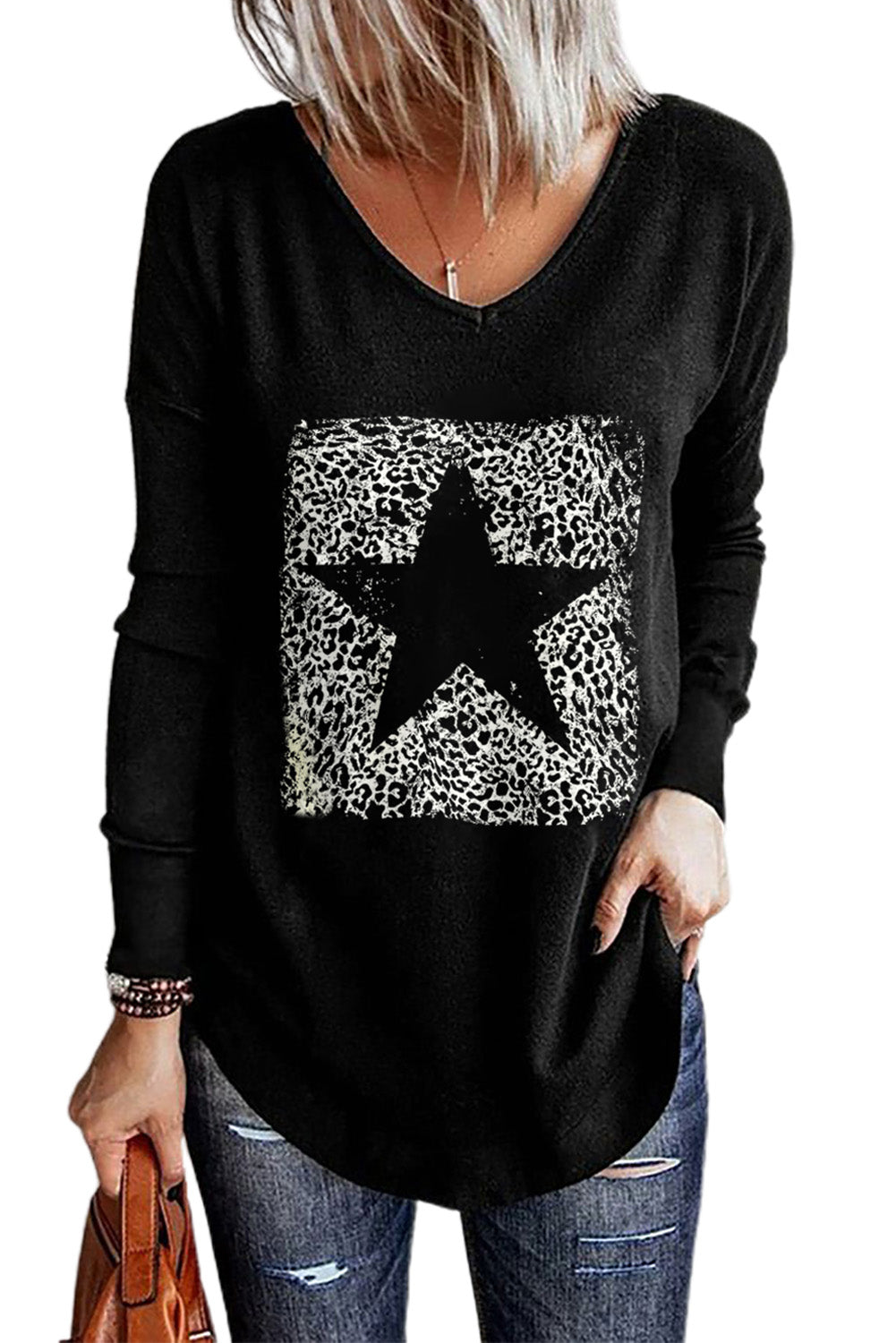 Star Print V Neck Long Sleeve Top | Black