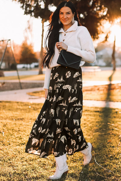 Western Print Tiered Ruffled High Waist Maxi Skirt | Black