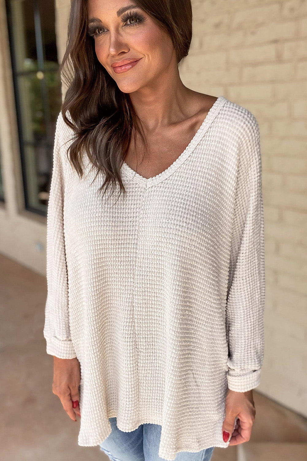 Waffle Knit Side Slits Loose Fit V Neck Top | White