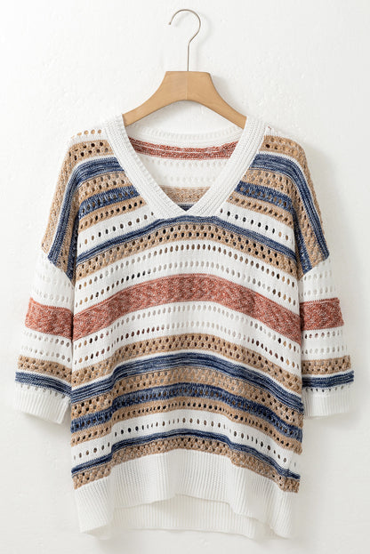 Striped Hollow Out Half Sleeve Knitted Sweater | Multicolour