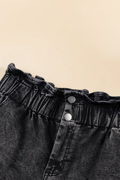 Vintage Washed Frilled High Waist Denim Shorts | Black