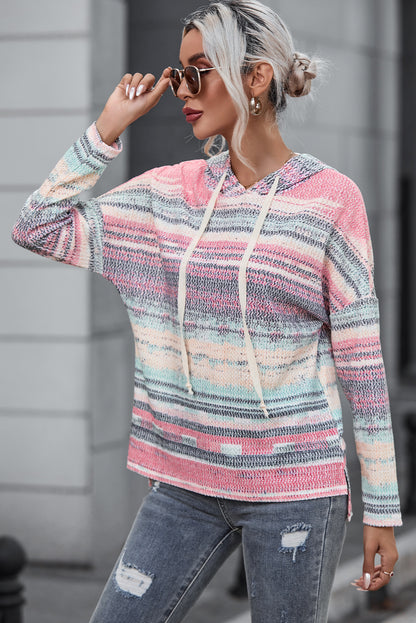 Striped Print Cable Knit Drop Shoulder Hoodie | Multicolour