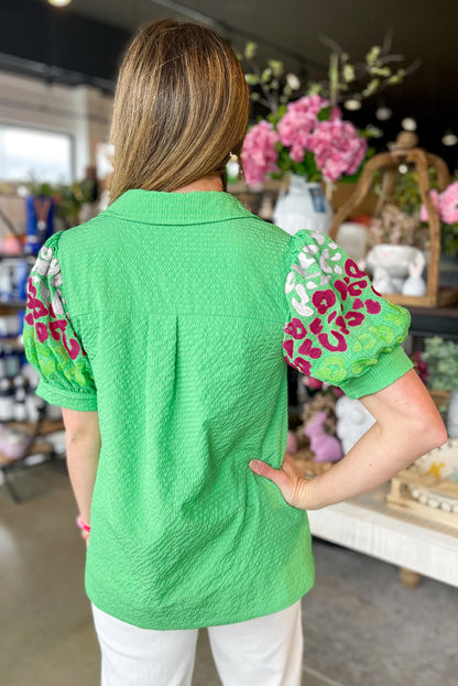 Leopard Printed Bubble Sleeve V Neck Blouse | Green