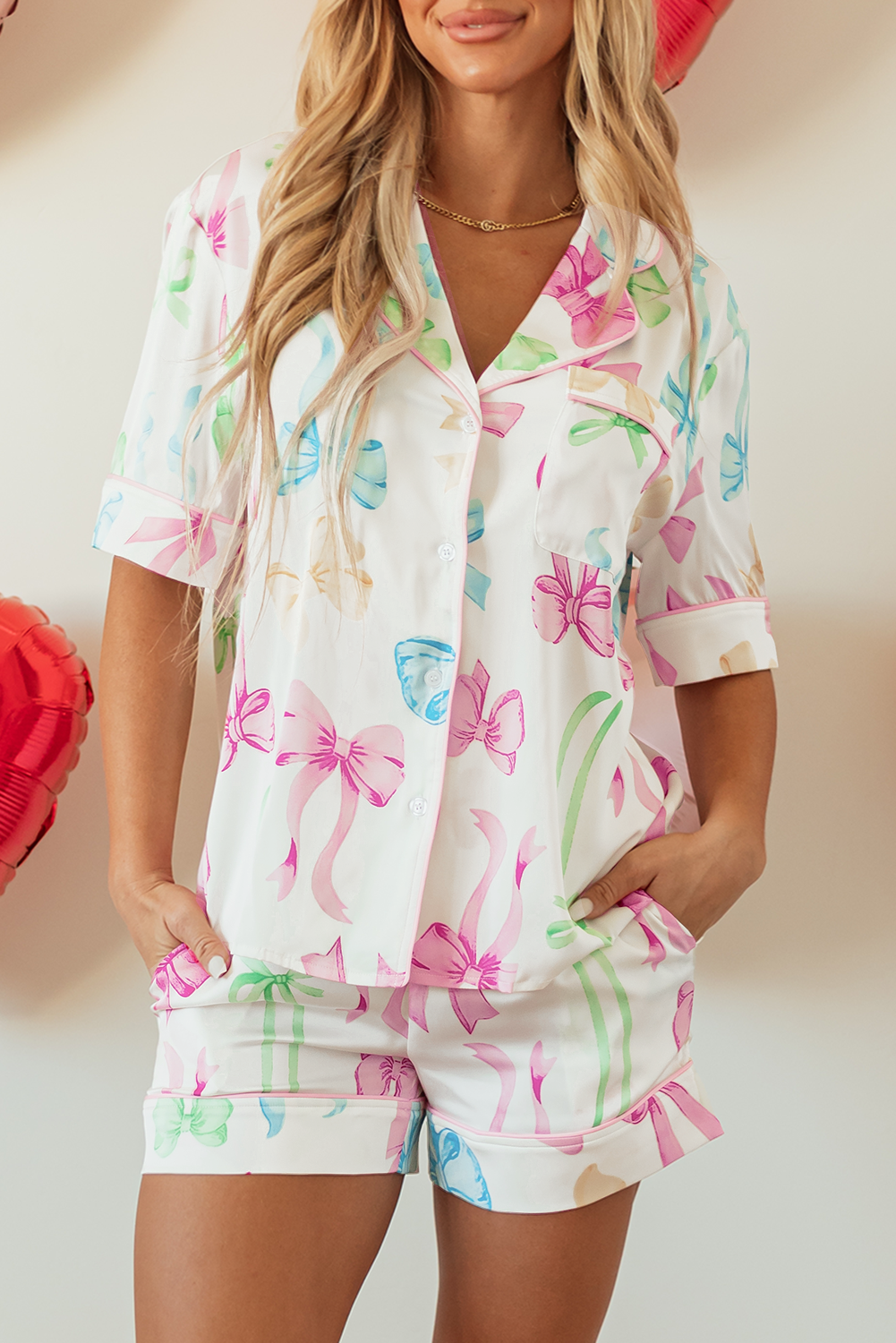 Bowknot Print Buttoned Shirt High Waist Shorts Pajama Set | White