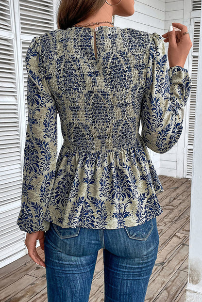 Boho Printed Balloon Sleeve Smocked Peplum Blouse | Sky Blue