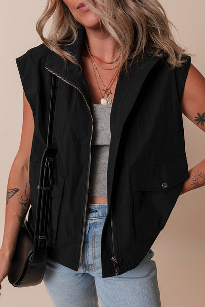 Flap Pockets Zip Up High Neck Vest | Black