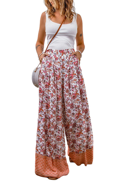 Fiery  Floral Print Shirred High Waist Wide Leg Pants | Red