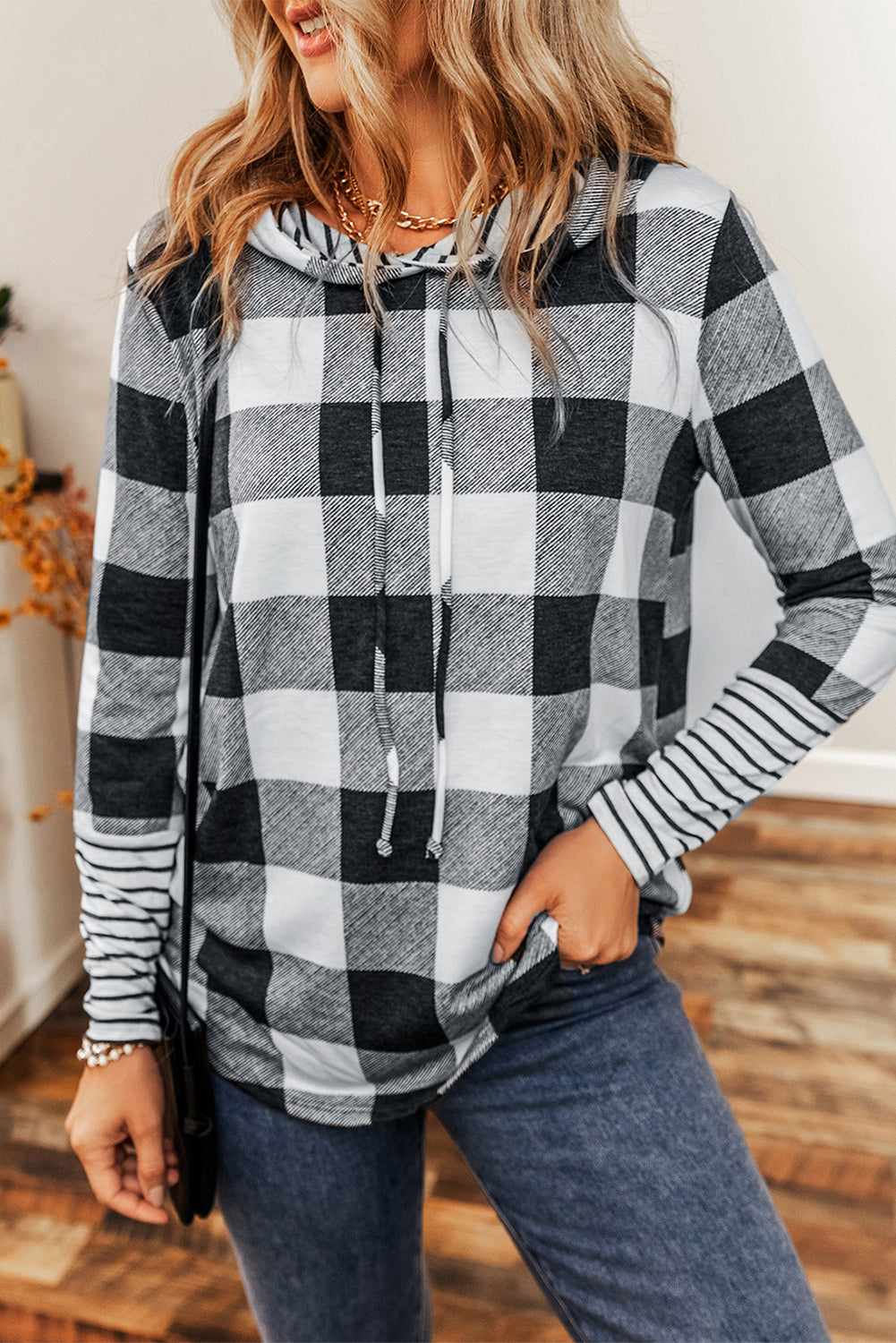 Plaid Striped Patchwork Drawstring Hoodie | Multicolour