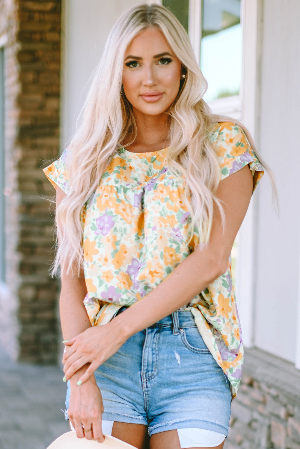 Floral Print Keyhole Back Short Sleeve Babydoll Blouse | Yellow