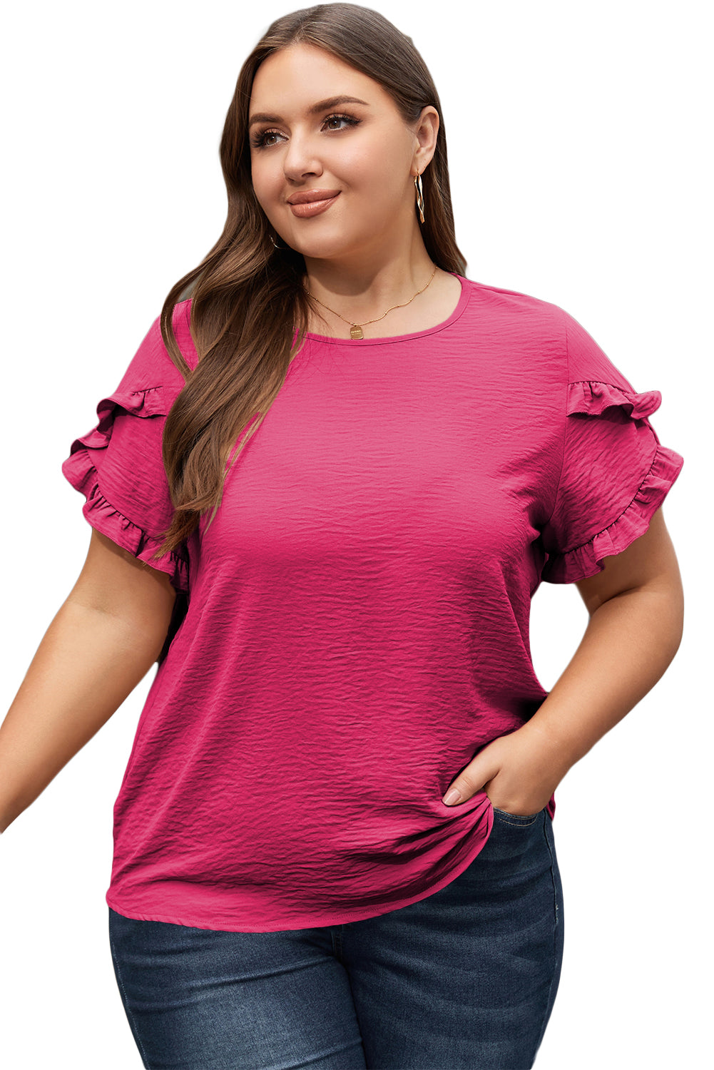 Ruffled Short Sleeve Plus Size Top | Bright Pink