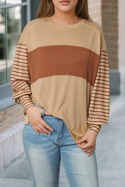 Light French Beige Colourblock Striped Bishop Sleeve Top | Flaxen