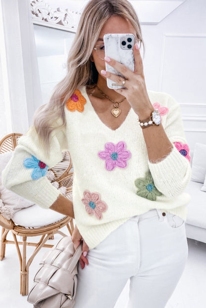 Crochet Flower V Neck Sweater | White